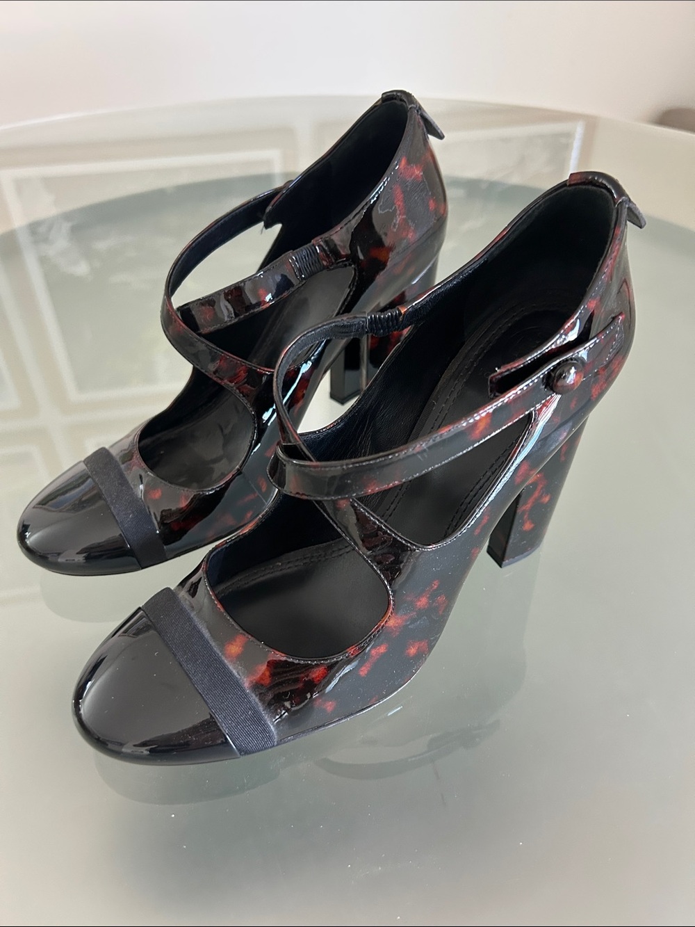 Tory Burch Patent Mary Jane Block Heel Pumps Tortoise Print Size 9